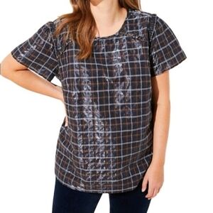 NWT LOFT Top‎ Shimmer Plaid Ruffle Blouse Short Sleeve Size S Navy Lined